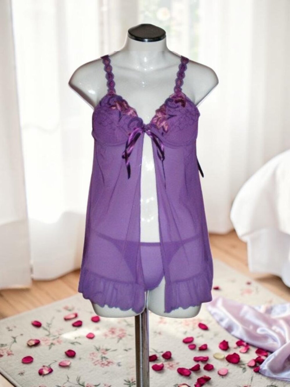 NWT Escante 25464 Purple Open Front Baby Doll Chemise Size Small
